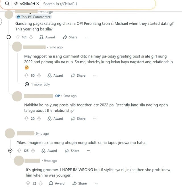 Reddit comments about Joyce Tan Custodio's relationship with Michael Pacquiao